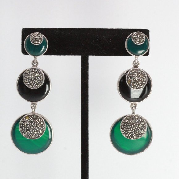 STERLING SILVER DECO ONYX CHALCEDONY LONG EARRINGS - Picture 3 of 12